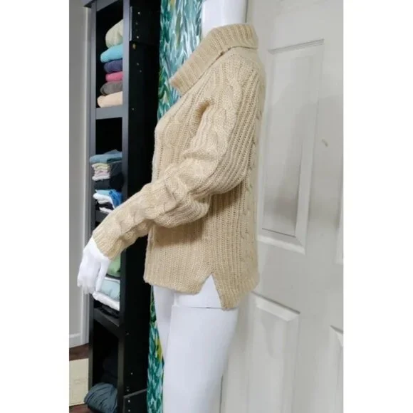 Forever 21 Cable Knit Cowl Neck Sweater Beige Cropped M/L - Picture 3 of 8